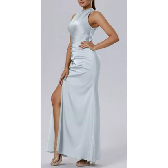 FORMAL AW SZ 12 L baby blue Satin Maharaol Floral Bridesmaid maxi Dress New b147 - Picture 2 of 5